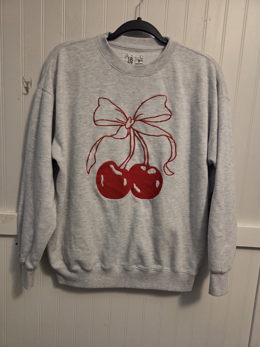 1897 Active Embroidered Bow And Cherry Sweatshirt In Ice Grey Size Small